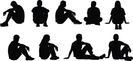Sitting and squatting people silhouettes collection showing relaxed, thoughtful and casual poses, human emotions and body language isolated on white background © Mehedi