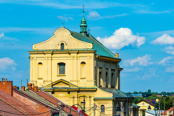 Aerial view of XVII century Birth of Blessed Virgin Mary parish church in historic quarter of Sedziszow Malopolski town in Podkarpacie region of Lesser Poland © Art Media Factory