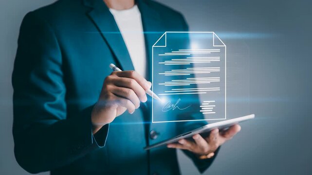 Businessman signing digital contract document for secure legal agreement. Electronic signature system approving virtual business deal. Smart authorization form compliance on technology tablet.