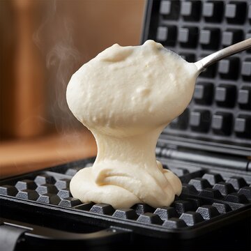 Pouring fresh waffle batter with a spoon onto a hot, steaming waffle iron, preparing homemade breakfast.