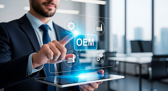 Businessman interacting with virtual OEM concept for the idea of Original equipment manufacturer and technology.