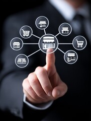 business illustration showing a professional businessman interacting with a virtual franchise network icon, connected shop symbols, digital growth visualization, concept of investment opportunity 