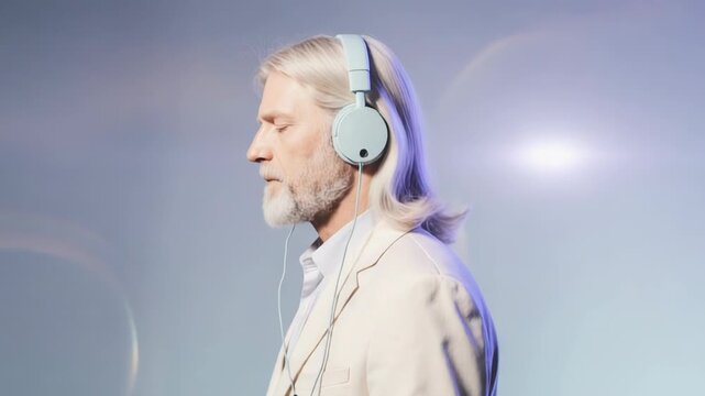Senior Man Listening to Music with Headphones