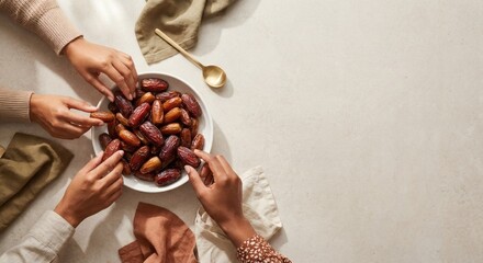 Obraz premium Top view of diverse hands reaching for dried dates in a white bowl. Concept of breaking the fast during Ramadan, sharing healthy food, and gathering for Iftar dinner on a beige table background.