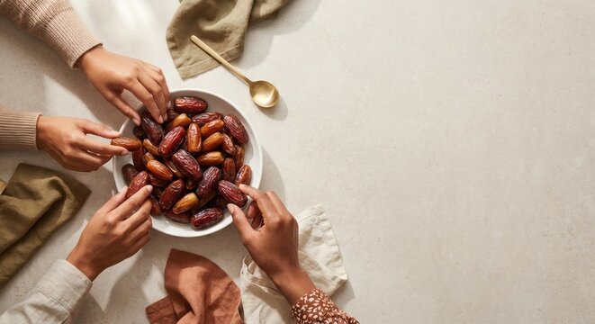 Top view of diverse hands reaching for dried dates in a white bowl. Concept of breaking the fast during Ramadan, sharing healthy food, and gathering for Iftar dinner on a beige table background.