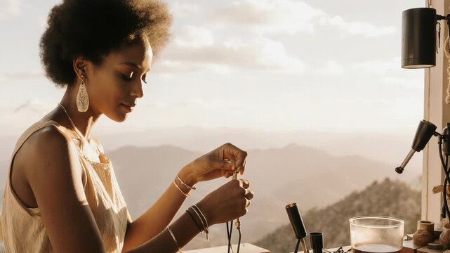 Woman Examining Jewelry Outdoors at Sunset
