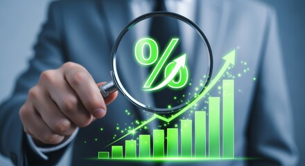 Businessman inspecting financial interest rate growth with magnifying glass. Digital percentage increase arrow rising for investment profit. Economic business chart data for market success analysis.