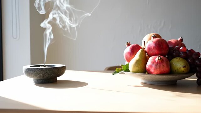 A Bowl of Pomegranates Pears and Grapes Sits Beside an Incense Burner Emitting Smoke on a Wooden Table with Soft Natural Light