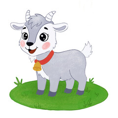 Fototapeta premium Cute Baby Goat Standing on Green Grass with Red Collar and Bell
