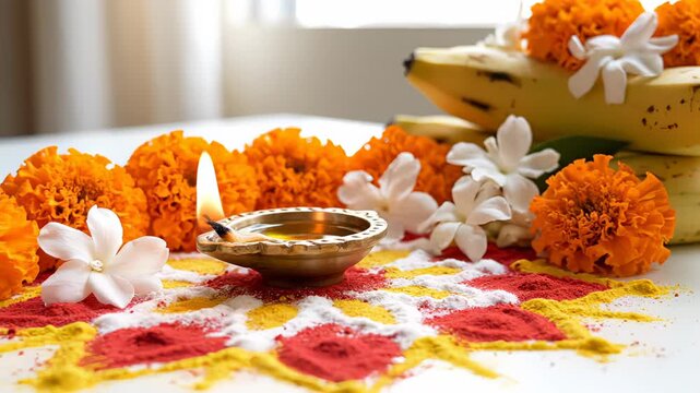 A Lit Diya Lamp Surrounded by Marigold Flowers and Bananas on a Colorful Rangoli Pattern During a Festival Celebration