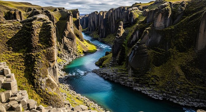 Dramatic Fja?r?rglj?fur Canyon in Iceland, with a turquoise river winding through towering basalt columns and mossy cliffs. Scenic natural landscape.