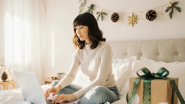 Woman Making Bed in Bright Cozy Bedroom