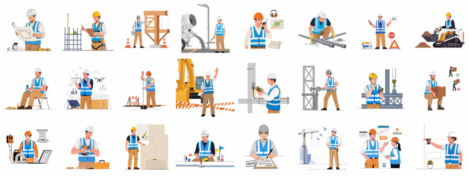 A comprehensive set of flat vector illustrations depicting construction workers, engineers, and builders engaged in various site operations, maintenance, and safety tasks.