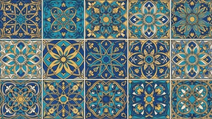 : Seamless Pattern Blue and Gold Vintage Ceramic Tiles Moroccan Ornament Floral Design Background.jpg