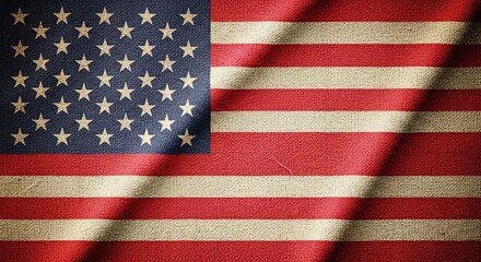 Obraz premium Distressed Woven American Flag Background with Stars and Stripes Texture, Symbol of Patriotism and National Identity