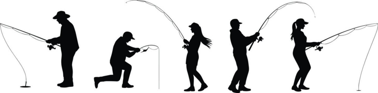 Fishing silhouette illustration, angler character artwork, sport fishing vector, outdoor activity design, fisherman pose graphic, hobby lifestyle, catching fish concept