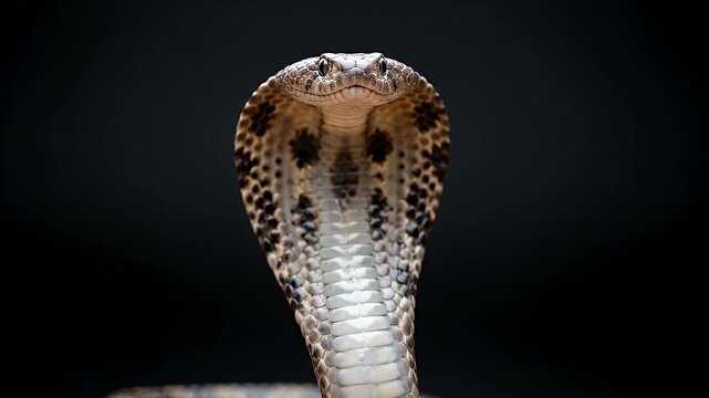 Detailed Front View of a Hooded Cobra Against a Dark Background Wildlife Photography Reptilian Beauty Serpentine