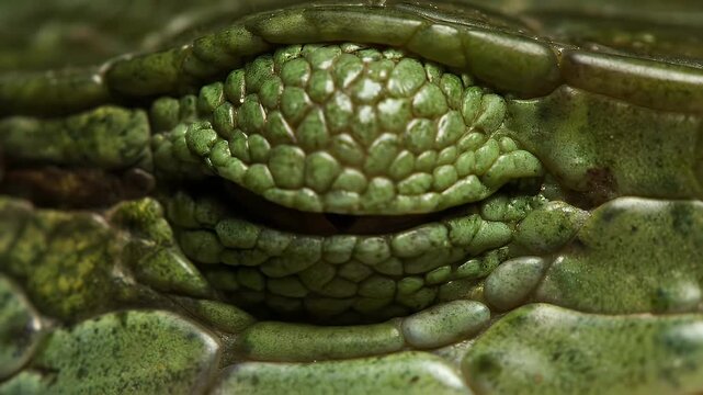 Detailed Macro Shot of a Green Tree Python's Eye with Visible Scales and Iridescent Gold Iris