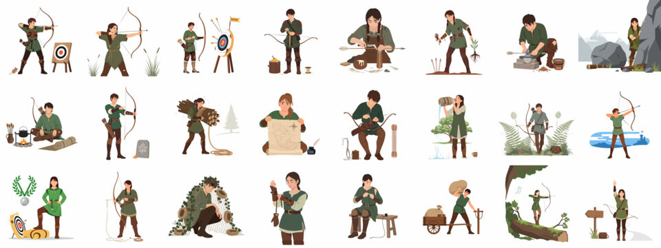 Medieval Archer and Forest Ranger Lifestyle Flat Vector Set. Illustrations of outdoor survival, crafting, archery, hunting, and adventure activities.