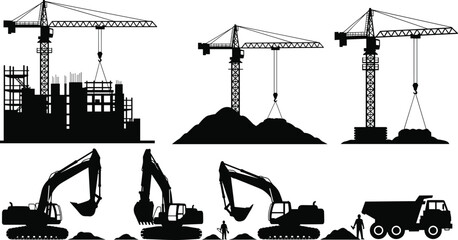 Silhouettes of construction machinery including tower cranes, excavators, and dump trucks isolated on white background for industrial building conceptsSilhouettes of  © Moslama