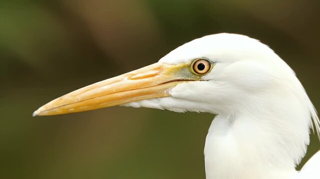 Portrait of Cattle Egret Bubulcus Ibis White Bird with Yellow Beak and Brown Background Detailed Plumage and Feathers