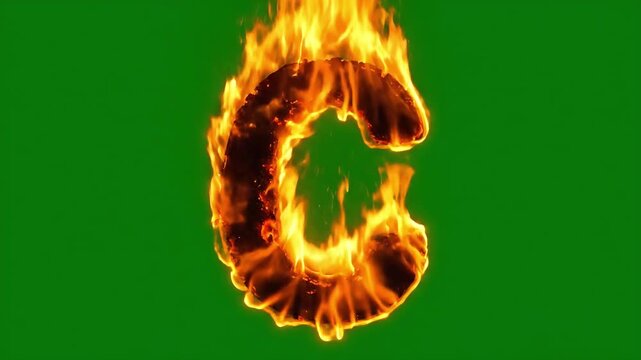 Burning letter C on fire surrounded by intense orange and yellow flames isolated on a chroma key green screen background for powerful motion graphics and logo reveals