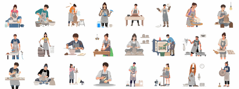 Vector Collection of People Creating Pottery: Throwing Clay, Sculpting, Glazing, and Firing Ceramics in a Studio Workshop.