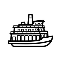 Obraz premium A simple black and white line art illustration of a passenger ferry boat, depicting its multiple decks and smokestack