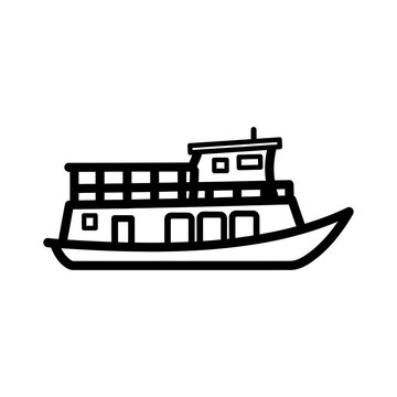 A Simple black and white line art ship. drowing lonce icon