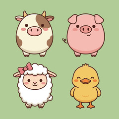 Obraz premium Cute cartoon farm animals collection featuring round cow pig sheep and duckling characters with sweet expressions and minimalist vector style