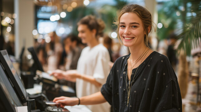 A bustling retail store shows happy customers engaging with a loyalty program at the checkout, showcasing the benefits of rewards and discounts for frequent shoppers on a bright and inviting day.