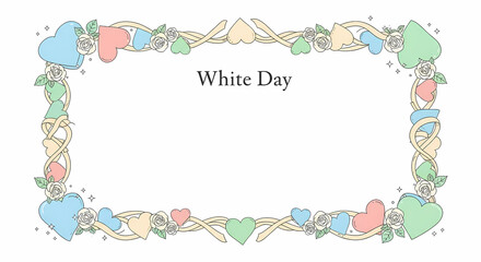 白い背景に赤ピンク青緑黄色のハートで飾られたホワイトデーのデザインの枠組み