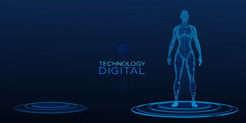 Digital human form with glowing lines and technology text on a dark background