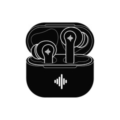 Wireless Earbuds with Charging Case Silhouette Audio Technology Icon Isolated Vector