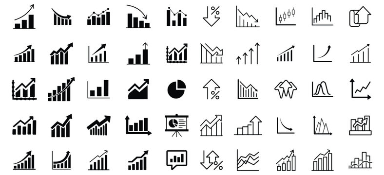 Set of Increase and Decrease Line and solid Icons. Collection of black and white bar and line business chart and graph icons. Statistic growth icons set. Vector illustration.