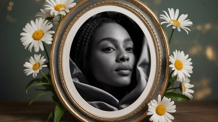 Vintage Fine Art Portrait Presentation with Ornate Gold Frame and Floral Accents