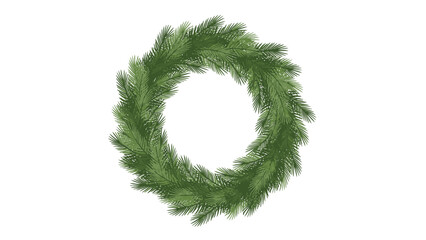 A green Christmas wreath made of fir branches on a white background with a minimalist composition. © Langit