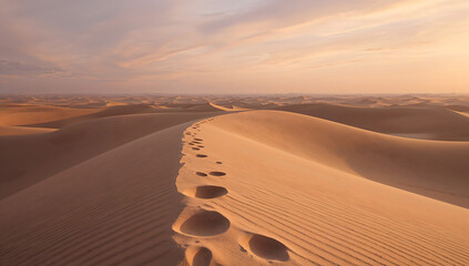 Golden Sand Dunes in Desert at Sunset with Footprints