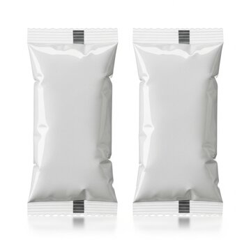 Two white pouches with barcode labels on top and bottom isolated on white background