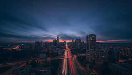Modern City Skyline at Night with Light Trails