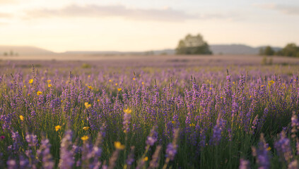 Blooming Lavender Meadow at Sunset with Soft Light