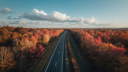 Aerial View of Road Through Colorful Autumn Forest
