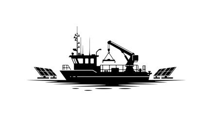 Obraz premium Modern Industrial Workboat with Crane and Solar Panels Silhouette Vector