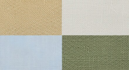 Fototapeta premium A compelling four-panel collage presenting a diverse array of fabric textures, including a rich golden-brown burlap, a pristine white linen, a light blue textured pattern with fine lines, and a warm o