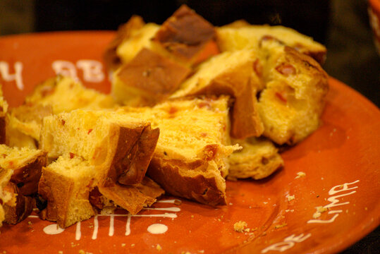 Pieces of Meat Filled Bread on Clay Plate The Concept of Regional Gastronomy