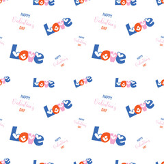Seamless pattern, Happy Valentine's Day and Love, in a blue, orange, pink, and white color theme. Vector illustration.