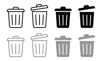 Trash can icons black white and gray isolated on transparent background
