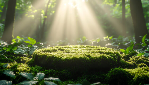 An organic, natural podium made of thick, vibrant green moss on a forest floor