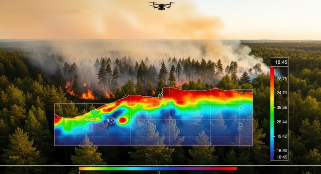 A drone meticulously monitors a widespread forest fire, capturing real-time thermal imaging data displayed as an overlay, illustrating varying temperature zones across the burning treeline and smoke-f