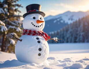 Obraz premium Snowman's Winter Wonderland: A jovial snowman stands proudly in a snowy landscape. Adorned with a classic hat, vibrant scarf and carrot nose, he embodies the spirit of winter's embrace.